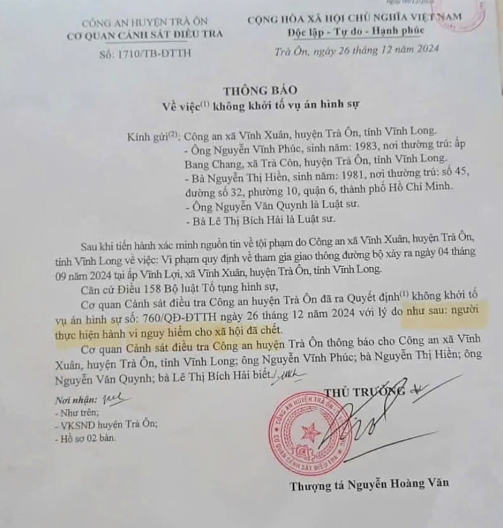 Thông báo về việc không khởi tố vụ án hình sự. Ảnh: Gia đình cung cấp