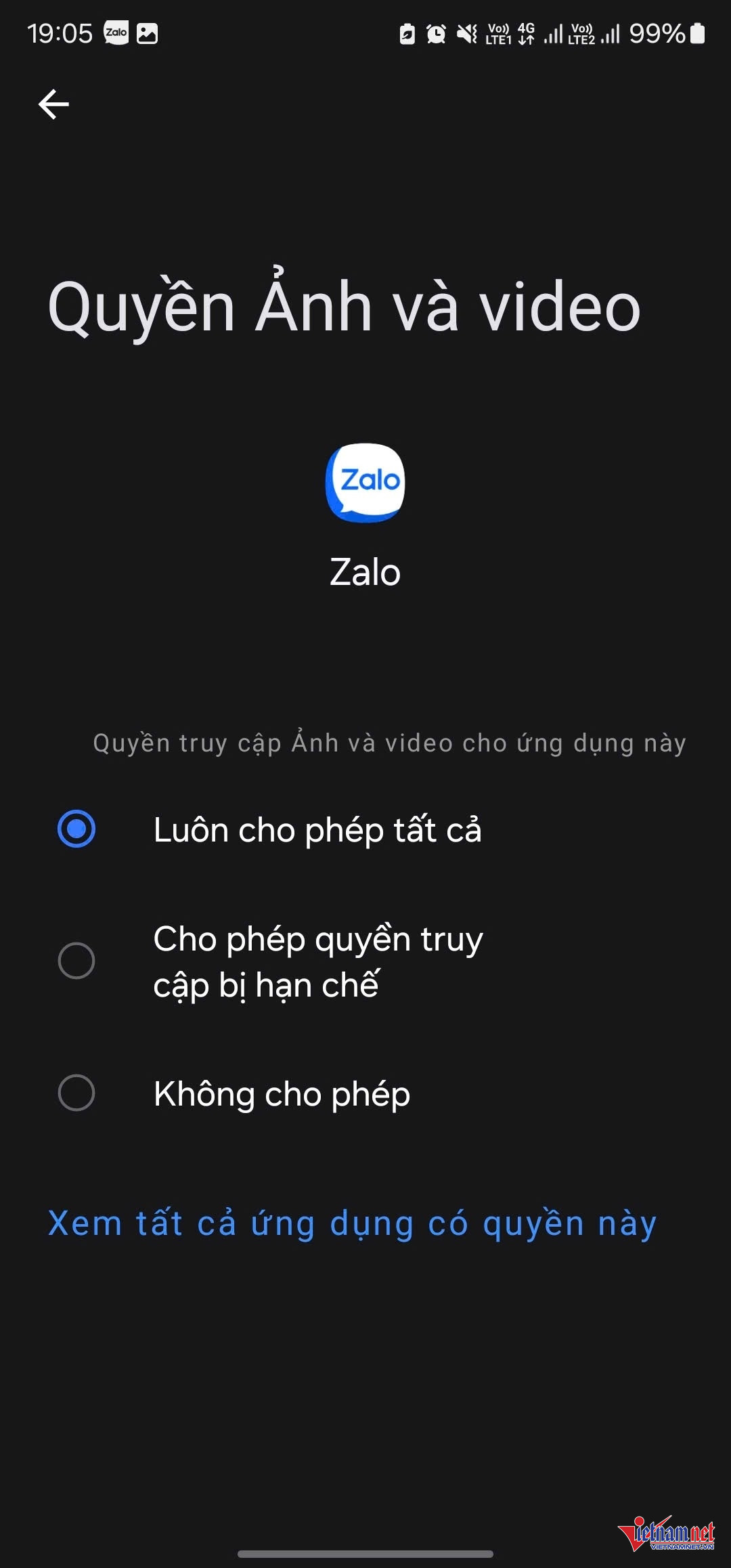 Chỉnh sửa quyền truy cập ảnh trên điện thoại Samsung. Ảnh: Ngọc Minh