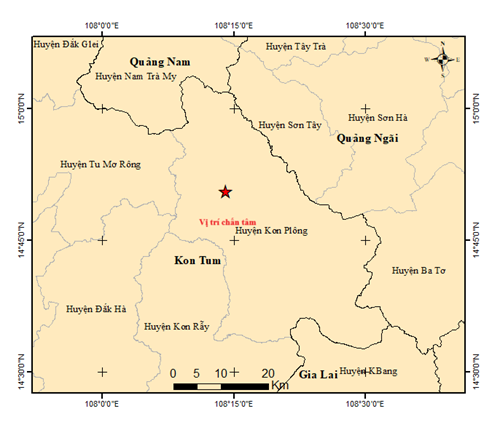 Vị trí xảy ra 2 trận động đất sáng nay ở Kon Tum.
