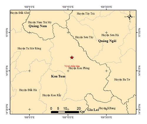 Vị trí xảy ra trận động đất sáng nay ở Kon Tum.