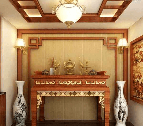 Gỗ tự nhiên hoặc các tông màu nâu gỗ cũng rất phù hợp cho không gian thờ cúng.