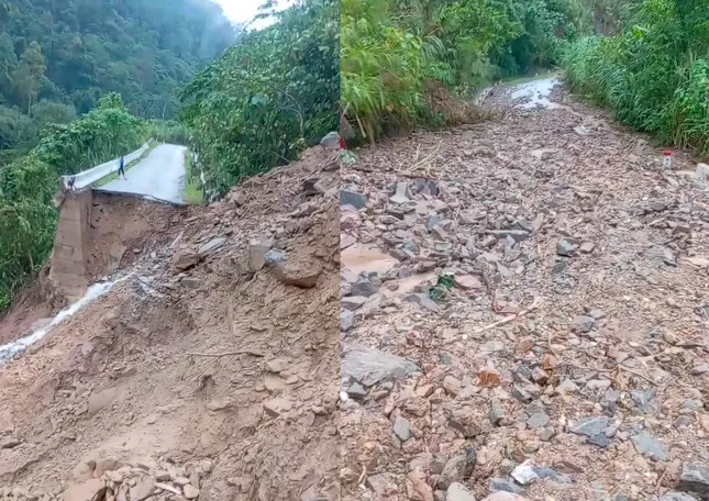 Sau trận lũ quét và mưa lớn vào đêm 4/6, nhiều điểm quốc lộ 16 đã bị cuốn trôi hoàn toàn.