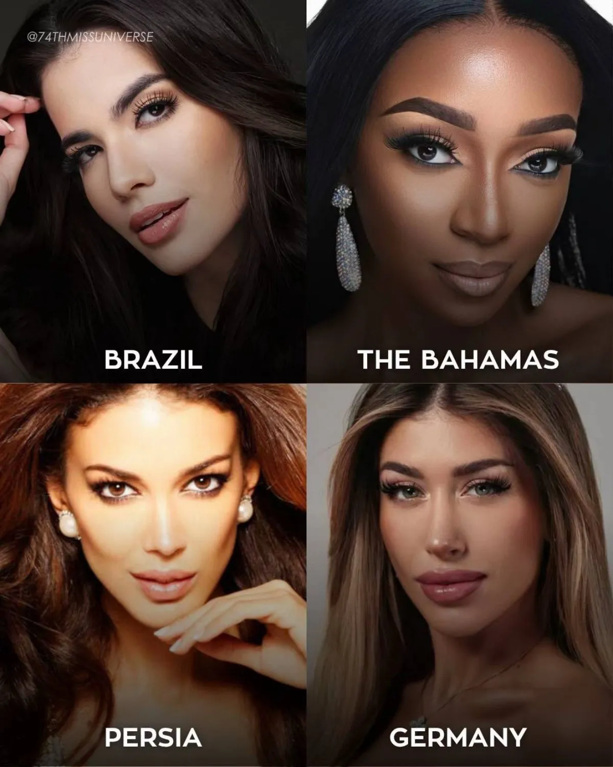 Từ Trái Qua Phải, Từ Trên Xuống Dưới: Hoa Hậu Brazil: Gabriela Lacerda - Hoa Hậu Quần Đảo Bahamas Maliqué Bowe - Hoa Hậu Ba Tư Sahar Biniaz - Hoa Hậu Đức Diana Fast.