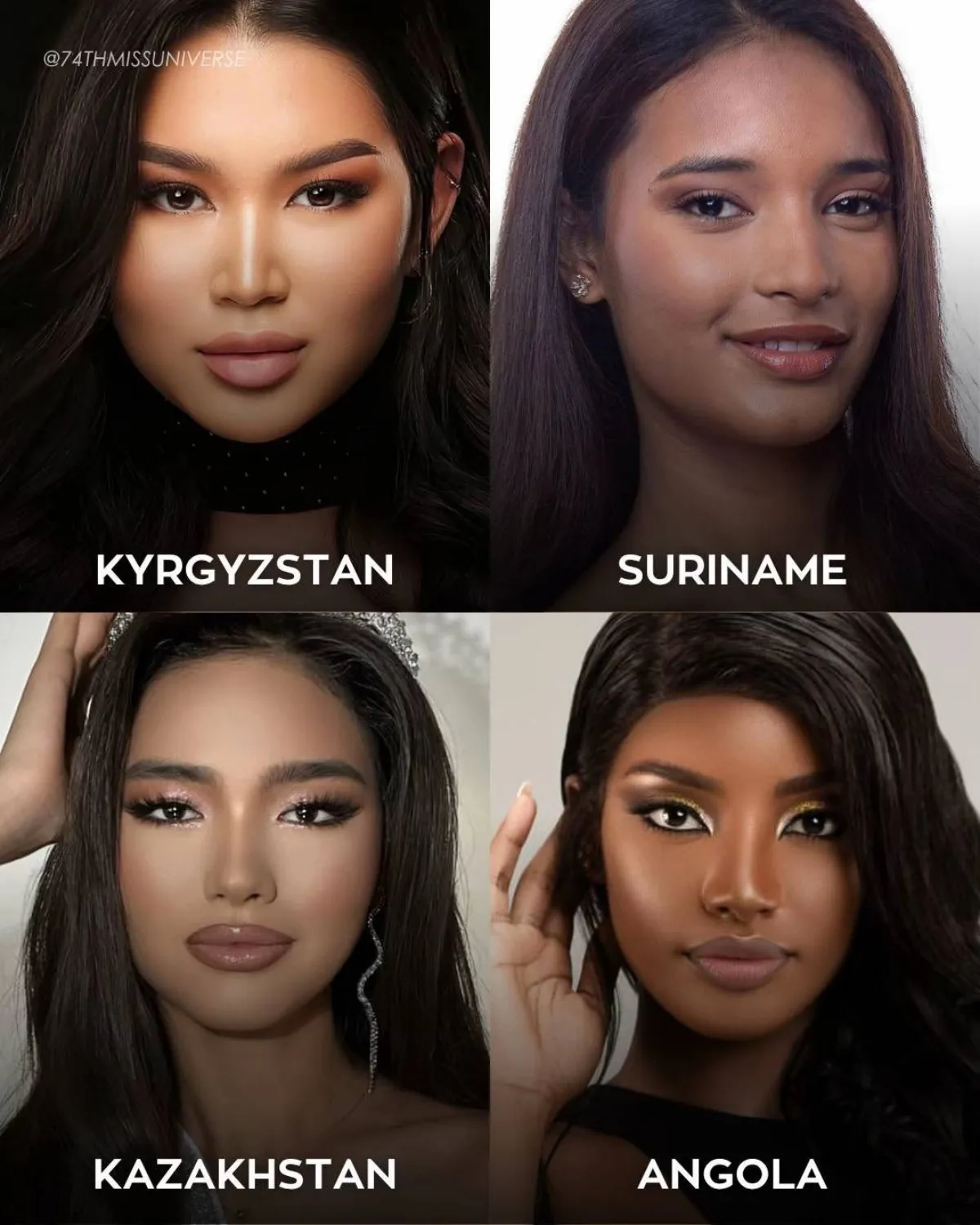 Nhan Sắc 21 Người Đẹp Đầu Tiên Chính Thức Ghi Danh Dự Thi Miss Universe 2025 3 Từ Trái Qua Phải, Từ Trên Xuống Dưới: Hoa Hậu Kyrgyzstan Mary Kuvakova - Hoa Hậu Suriname Chiara Wijntuin - Hoa Hậu Kazakhstan Dana Almasova - Hoa Hậu Angola Maria Cunha.