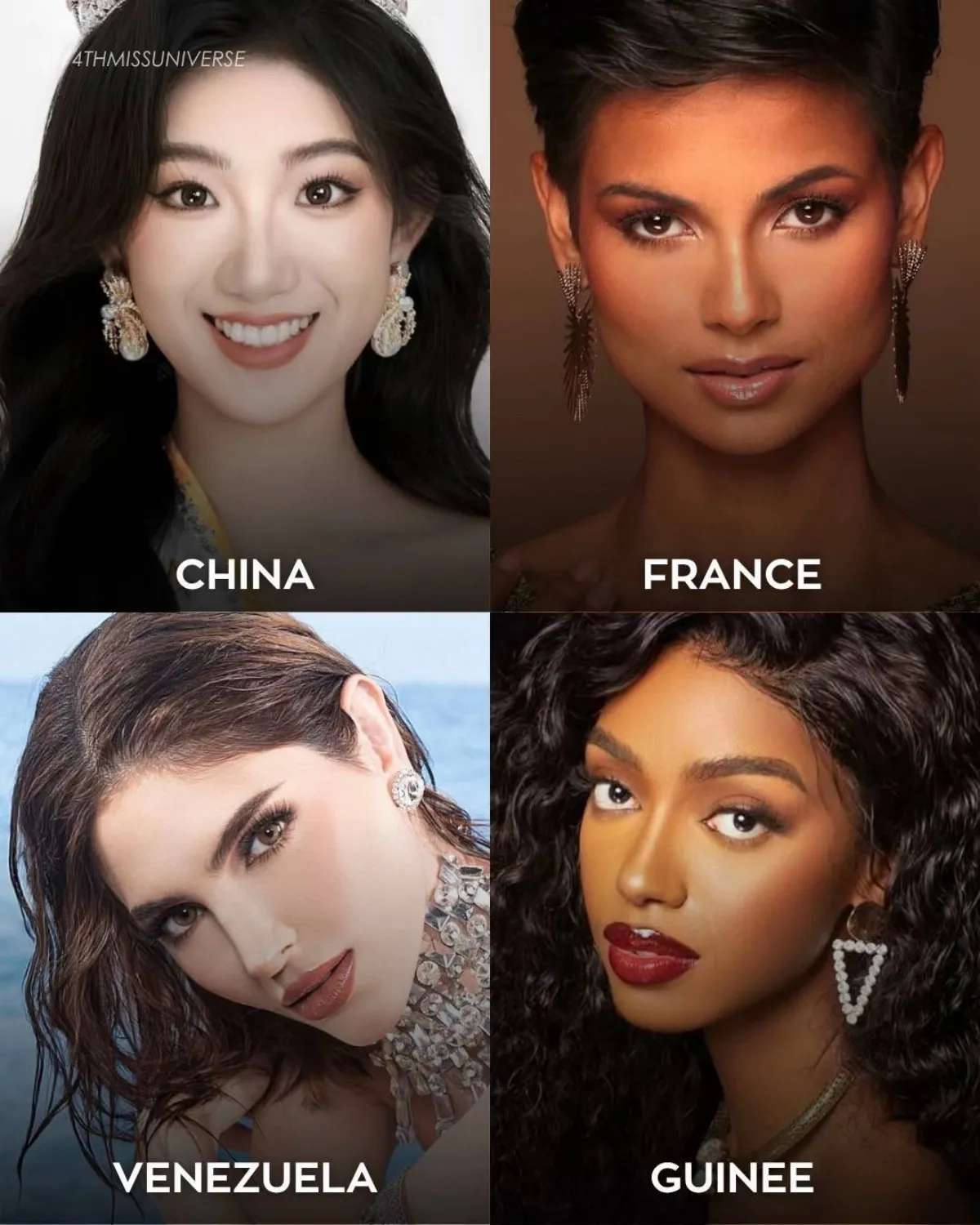Nhan Sắc 21 Người Đẹp Đầu Tiên Chính Thức Ghi Danh Dự Thi Miss Universe 2025 4 Từ Trái Qua Phải, Từ Trên Xuống Dưới: Hoa Hậu Trung Quốc Xuhe Hou - Hoa Hậu Pháp Ève Gilles - Hoa Hậu Venezuela Stephany Abasali - Hoa Hậu Guinee.