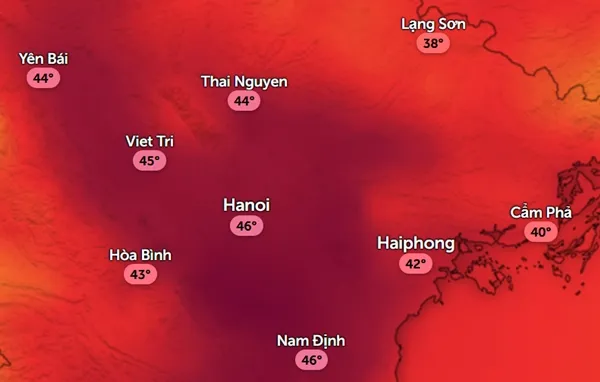 Nhiệt độ cảm nhận ở một số tỉnh thành miền Bắc chiều Chủ Nhật, 15/6: Trời rất nóng. Ảnh: Zoom Earth, OpenStreetMap, ICON.