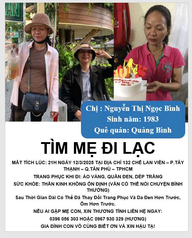 Thông báo Hương đăng trên mạng xã hội để tìm mẹ. Ảnh: HT