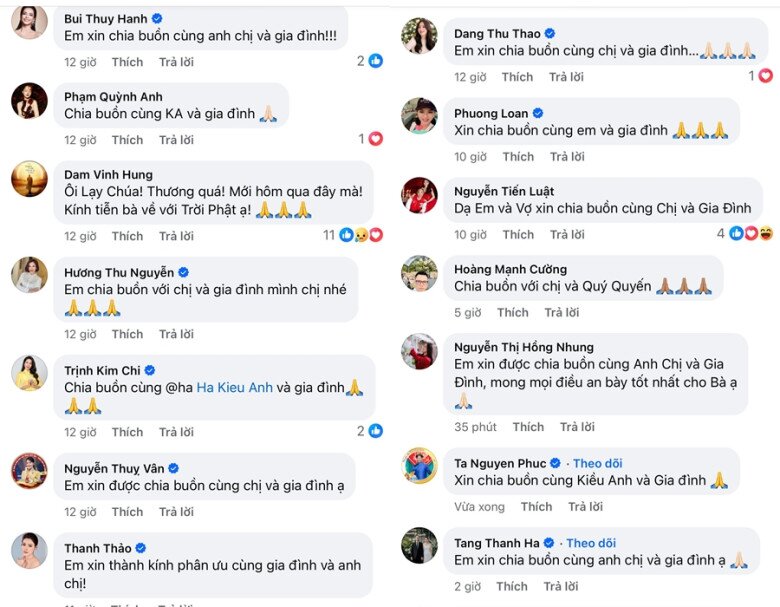 Nhiều nghệ sĩ trong showbiz Việt đã gửi lời chia buồn đến Hà Kiều Anh và gia đình.