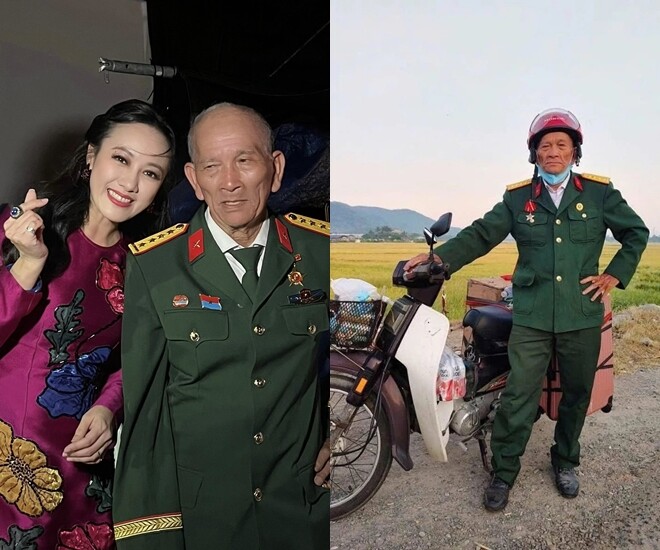 MC Hoài Anh vui vẻ chụp ảnh cùng cụ ông vượt chặng đường hơn 1.500 km từ Nghệ An vào TP.HCM xem diễu binh. 