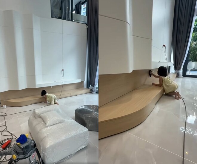 Cô bé 6 tuổi tỉ mỉ lau chùi, dọn dẹp nhà cửa khiến Ngọc Trinh xúc động.   