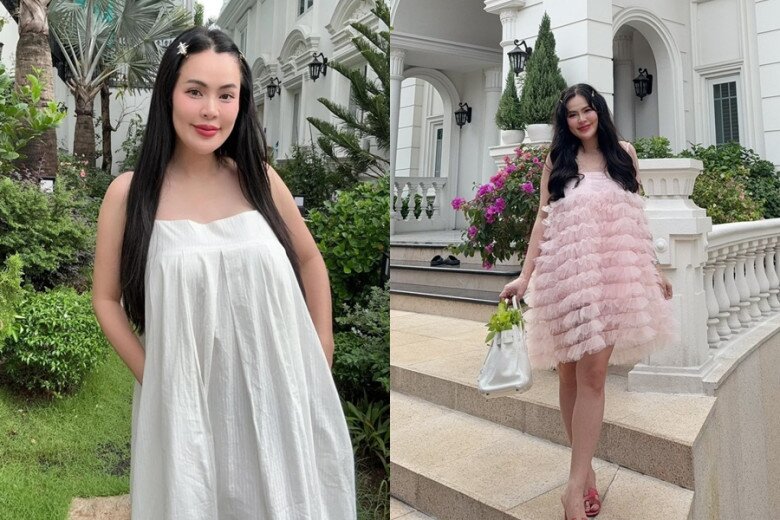 Nàng Hậu 7x lựa chọn những trang phục suông rộng giúp cô giấu bụng bầu đang ngày một nhô cao.