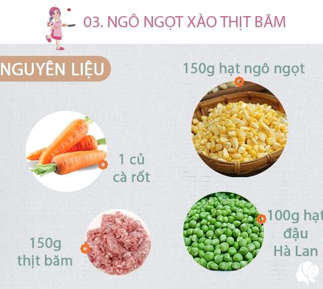 Chuẩn bị: 150g hạt ngô ngọt, 1 củ cà rốt, 150g thịt băm, 100g hạt đậu Hà Lan, dầu ăn, hành khô băm nhỏ, muối.