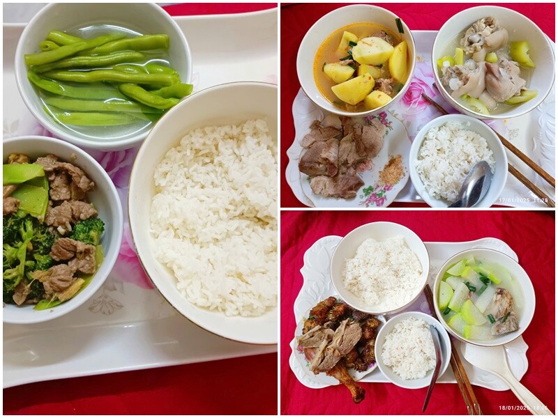 Mỗi bữa cơm đều được cân nhắc kỹ càng để giúp mẹ bỉm nhanh hồi phục và có đủ sữa cho con bú. Món ăn đơn giản nhưng đúng nguyên tắc dinh dưỡng: đủ chất đạm, rau xanh, tinh bột và nước ấm.