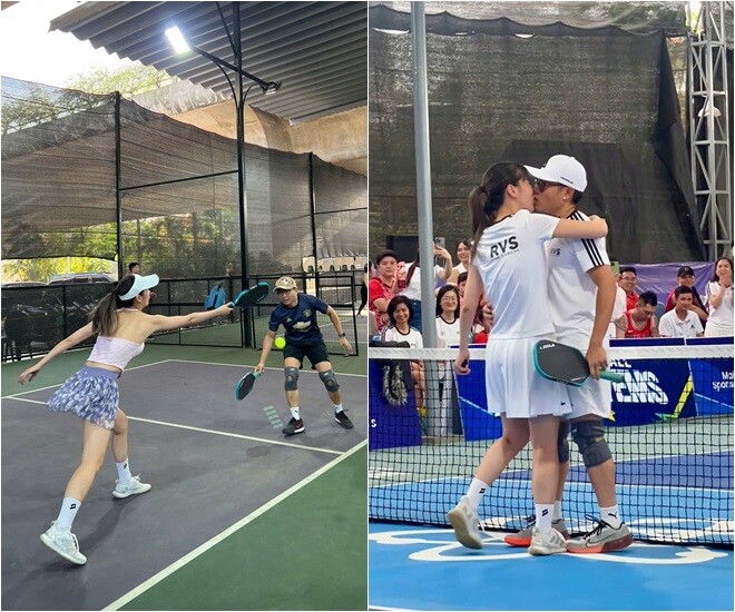 Hoa hậu được chồng ủng hộ chơi pickleball.