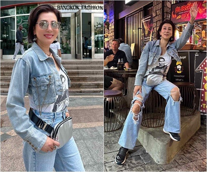 Trong set denim-on-denim gồm áo khoác và quần jeans rách gối, cô thể hiện tinh thần “cool ngầu” pha chút bụi bặm. Dù diện trang phục phá cách, MC đình đám vẫn giữ được sự thanh lịch nhờ cách phối màu hài hòa và phụ kiện hợp lý.