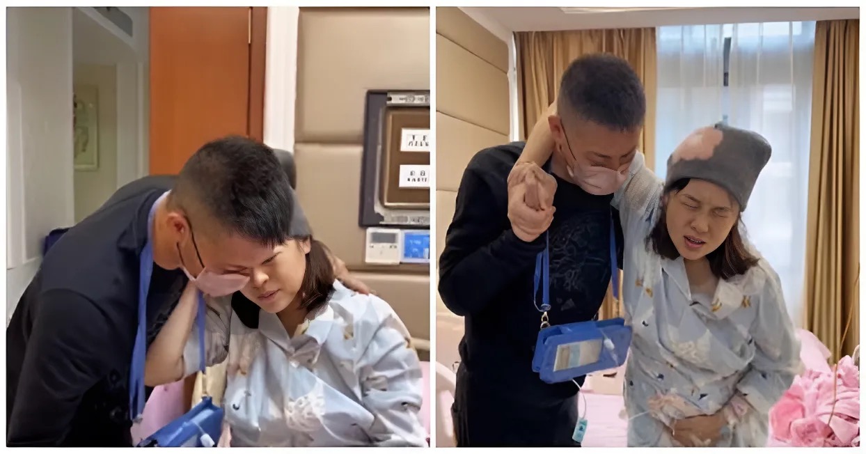 Người chồng bên cạnh luôn nhẹ nhàng đỡ vợ từng bước.