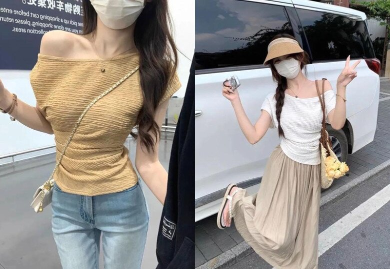 Điểm nhấn xếp ly ở eo giúp chị em che mỡ bụng, phần vai áo trễ xuống khoe vai trần gợi cảm lại mát mẻ.