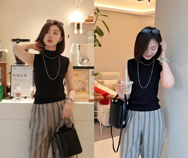 Quần ống rộng với họa tiết kẻ sọc sẽ tạo hiệu ứng thon gọn vóc dáng hơn.