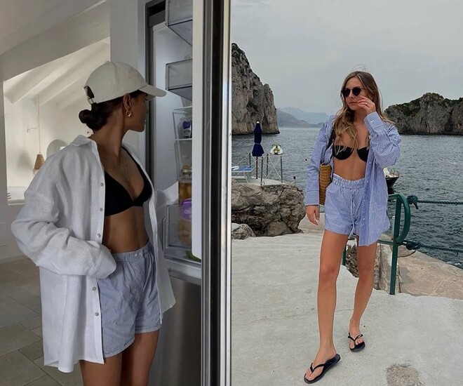 Một chiếc áo sơ mi kết hợp với quần short poplin xanh nhạt có thể thể hiện phong cách giản dị và thoải mái.