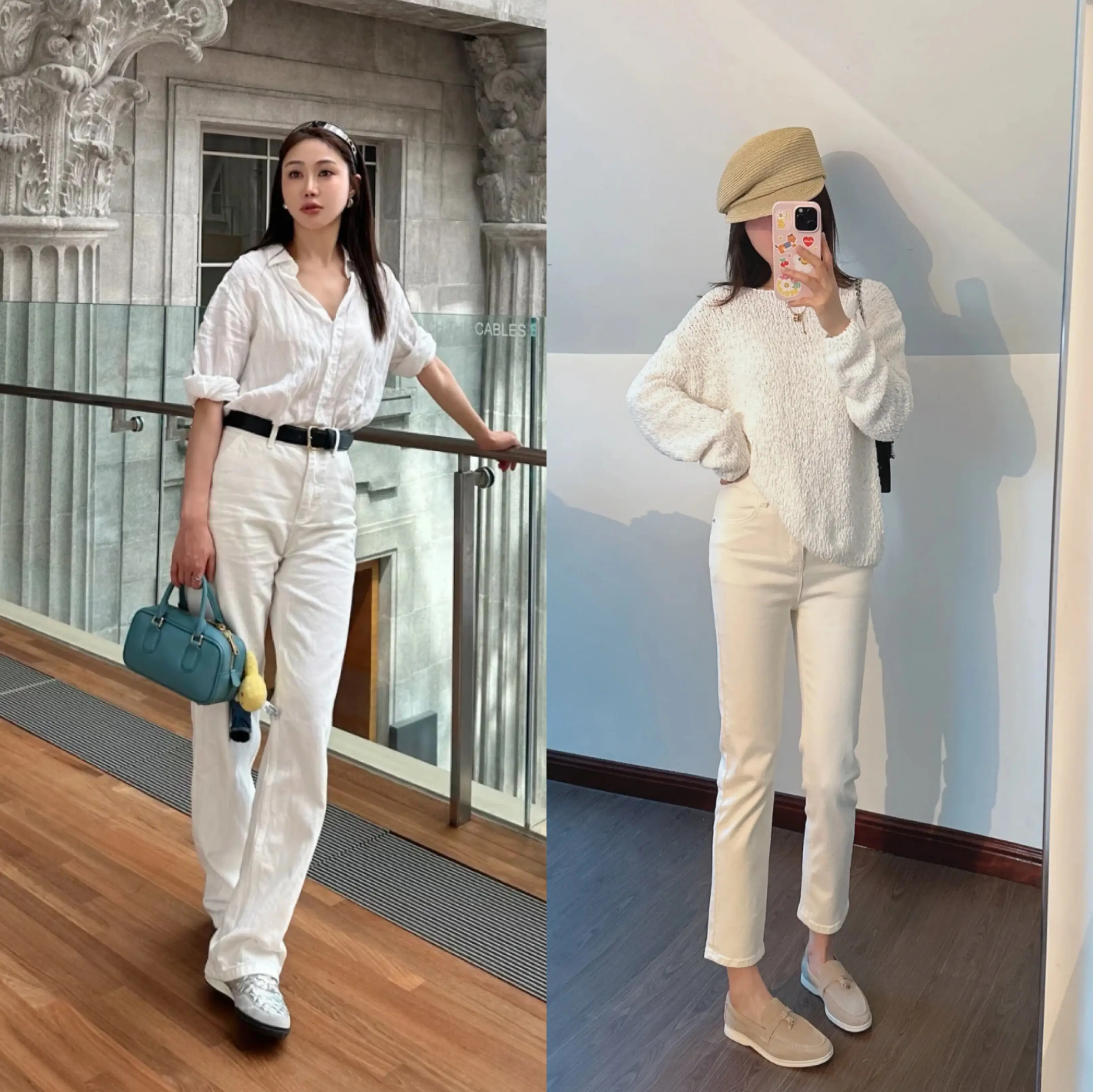 Cách phối tông màu trắng liền mạch sẽ mang đến cảm giác thời thượng, sạch sẽ, bạn có thể thêm điểm nhấn là chiếc thắt lưng đen hoặc nâu để tạo tỷ lệ cơ thể hài hòa.
