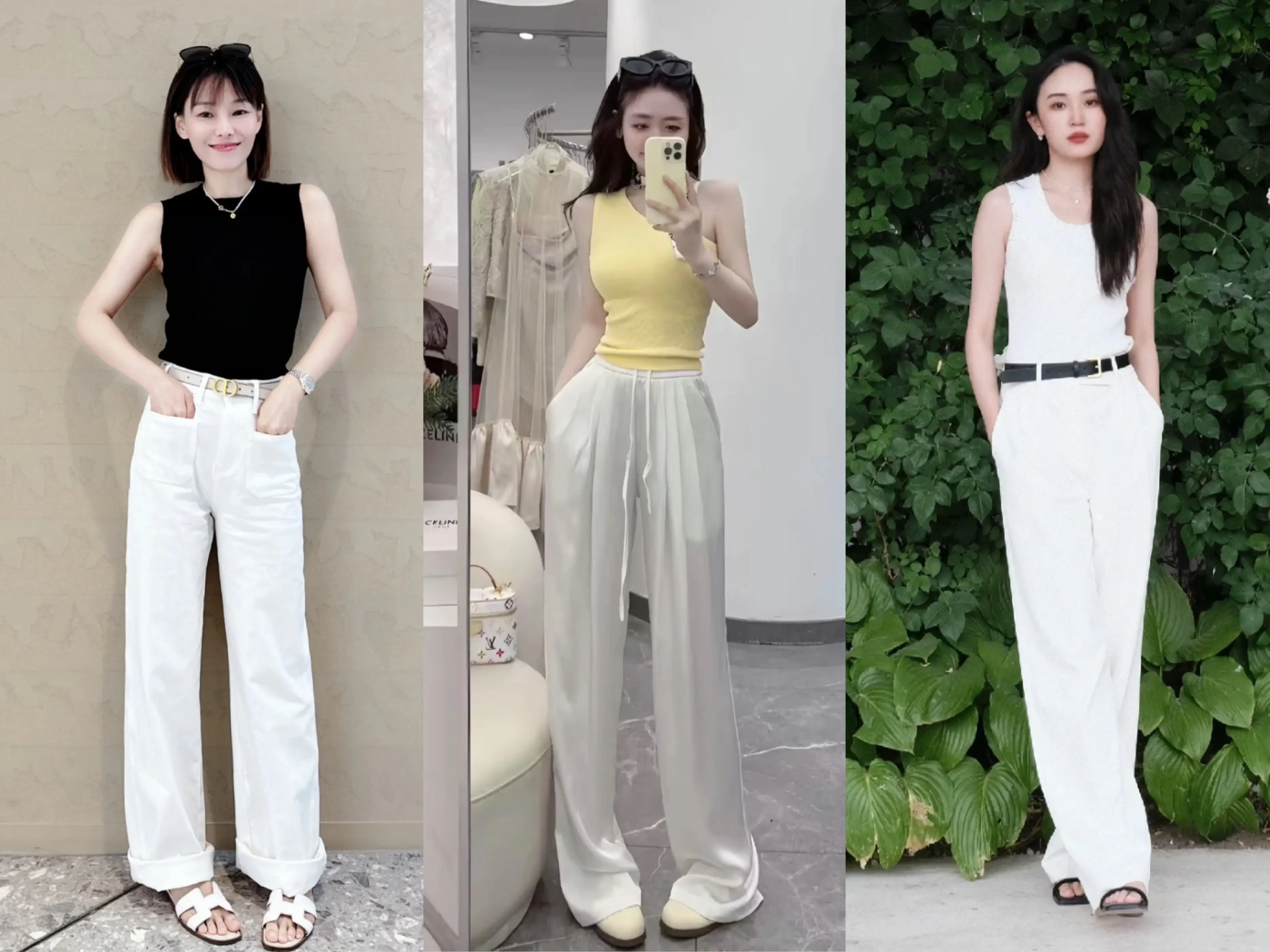 Áo tank top phối cùng quần trắng tạo nên set đồ trẻ trung, năng động.