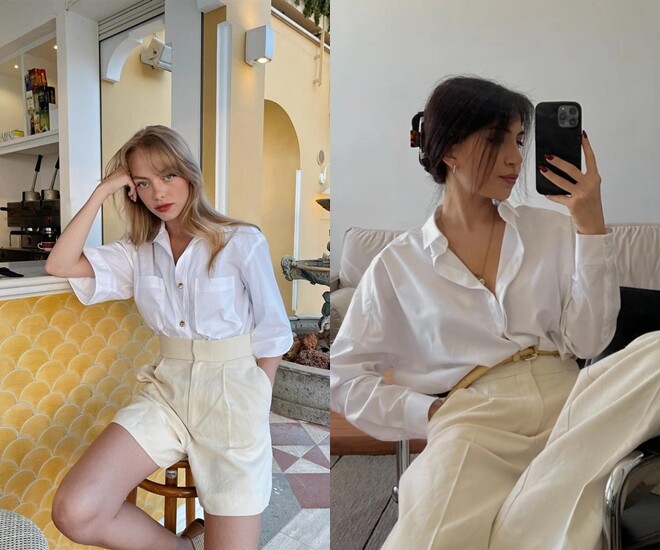 Sự giao thoa giữa retro và tối giản hiện đại thể hiện qua chiếc sơ mi oversized trắng phối cùng quần short lưng cao kem nhạt hoặc quần âu ống rộng.