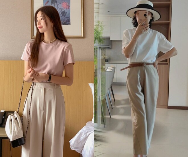 Áo dáng ôm vừa vặn hoặc sơ vin áo phông sẽ giúp chị em trông gọn gàng, thon thả hơn.