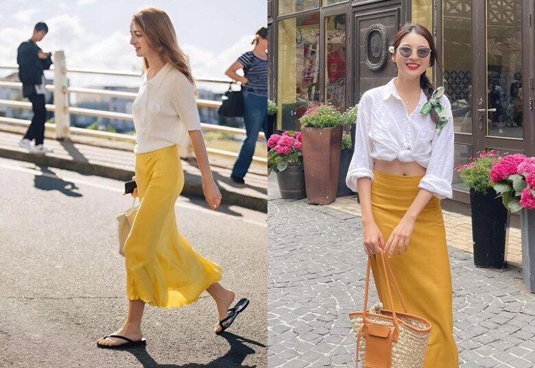 Sự kết hợp giữa chân váy vàng rực và áo trắng tối giản tạo nên vẻ ngoài tươi sáng, hiện đại. 
