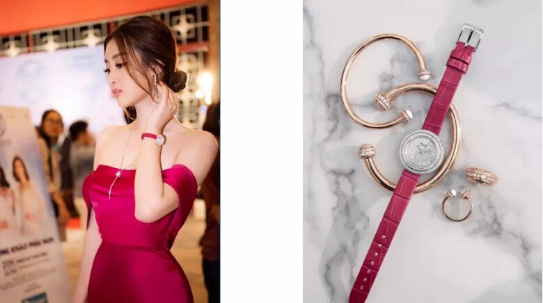 Đỗ Mỹ Linh từng phối váy đỏ đun quyến rũ với đồng hồ Piaget Possession ton-sur-ton trị giá hơn 800 triệu đồng. Tuy nhiên, đây có thể là món phụ kiện do ê-kíp chuẩn bị, bởi lâu lắm rồi chưa thấy cô diện lại chiếc đồng hồ này.