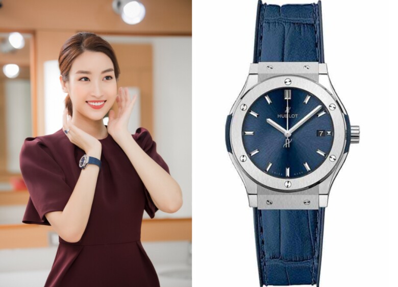 Chiếc Hublot Classic Fusion hơn 300 triệu đồng được Đỗ Mỹ Linh thường đeo khi làm MC nhờ tông xanh sang trọng, thiết kế đơn giản. Đây cũng là một trong những đồng hồ hàng hiệu đầu tiên cô mua được sau thời gian làm việc chăm chỉ.