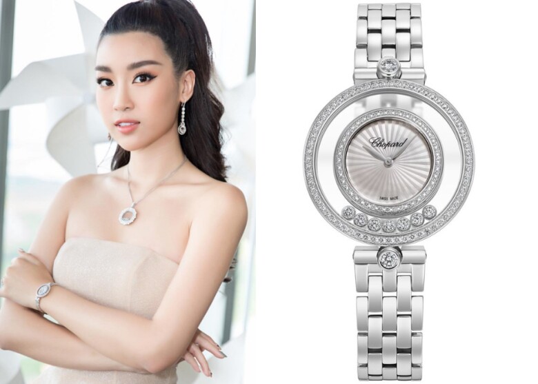 Diện đầm cúp ngực lấp lánh, Đỗ Mỹ Linh thêm phần ngọt ngào với đồng hồ Chopard Happy Diamonds gần một tỷ đồng. Tuy nhiên, theo nguồn tin, mẫu đồng hồ cùng trang sức đi kèm được stylist mượn từ thương hiệu để phối cho cô tại sự kiện thời trang.