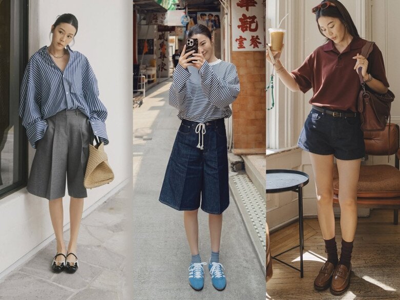 Quần short Bermuda hoặc short ngắn giúp cô nàng Jenny Tsang đến từ Hong Kong trông cao ráo hẳn nhờ phần lưng cao nâng tỷ lệ cơ thể, độ dài trung tính giúp đôi chân không bị ngắn đi như các dáng quần lửng khác.