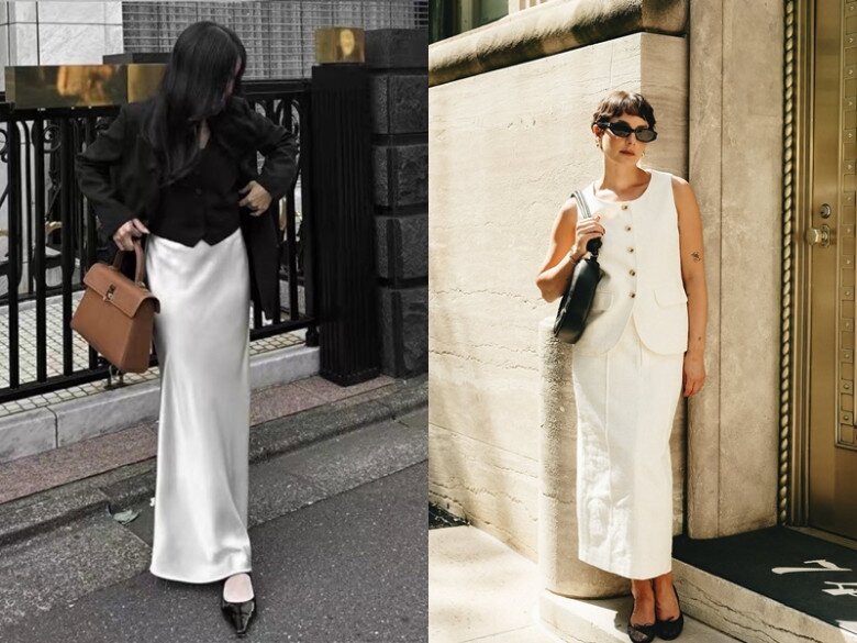 Nữ blogger Hyorori và  Alyssa Coscarelli khéo léo kết hợp váy suông dài chấm gót hoặc trên mắt cá chân cùng giày mũi nhọn tạo hiệu ứng kéo dài vóc dáng. 