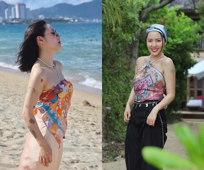 Ca sĩ Phương Linh đi biển biến tấu đủ kiểu với chiếc khăn họa tiết.