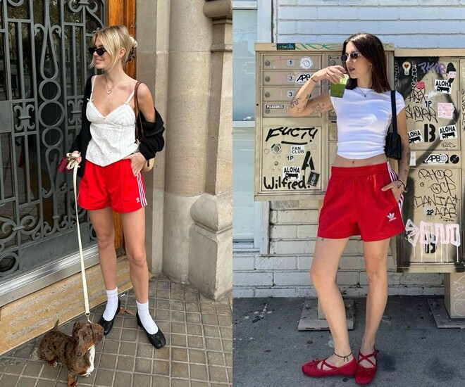 Một chiếc quần short đỏ đi cùng giày búp bê tạo cảm giác mới lạ cho chị em.