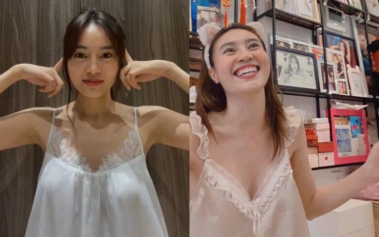 Cô nàng còn không ngại livestream khi mặc bộ đồ ngủ mát mẻ với phần cổ chữ V khoe khéo vòng 1 lấp ló.