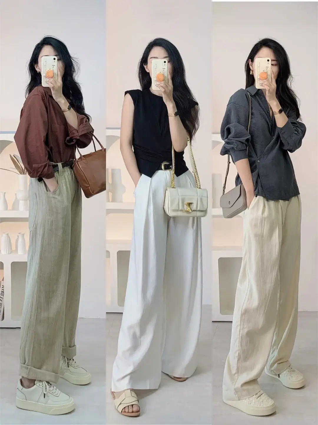 Quần ống rộng với nhiều chất liệu khác nhau từ vải lanh, kaki, vải quần âu để chị em có thể thoải mái lựa chọn.