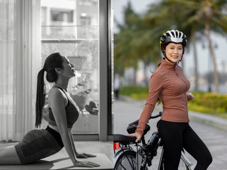 Thanh Thúy linh hoạt tập nhiều bộ môn kết hợp như đạp xe, chạy bộ, yoga,.