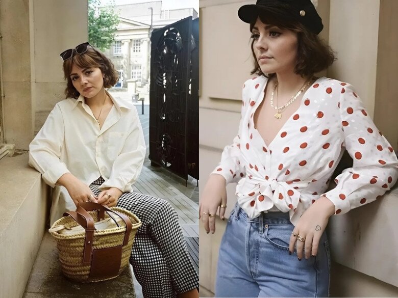 Alice Catherine mặc áo có độ phồng nhẹ, tay áo dài giúp che khuyết điểm cánh tay to hiệu quả hơn. Cô cũng khéo léo mở rộng cổ để thoáng mát hơn.