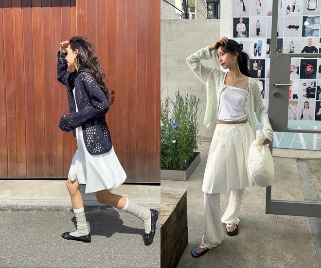 Vẻ đẹp cổ điển được tái hiện qua lớp cardigan móc len, phảng phất cảm hứng từ những thập niên 70s nhưng lại được làm mới với tinh thần hiện đại.