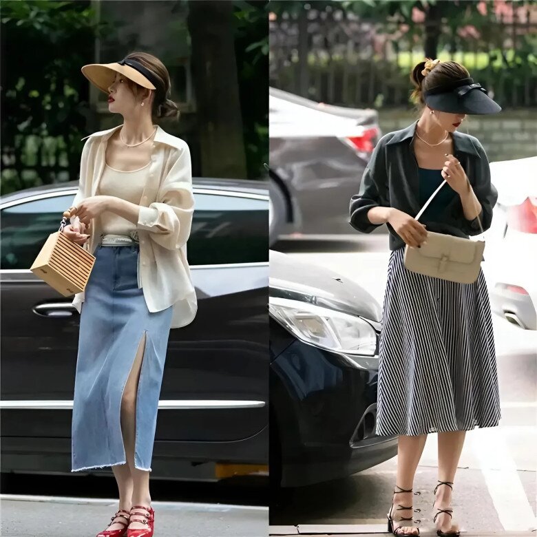 Sơ mi khoác ngoài áo ba lỗ phối cùng chân váy mang đến vẻ phóng khoáng ngày hè.