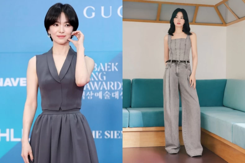 Chọn trang phục màu xám nhưng không quá trầm giúp Song Hye Kyo trẻ trung, kết hợp với chất liệu denim càng thêm hack tuổi.