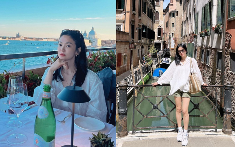 Sơ mi trắng dáng rộng đơn giản được Song Hye Kyo phối cùng quần short và giày thể thao trông trẻ trung, năng động.