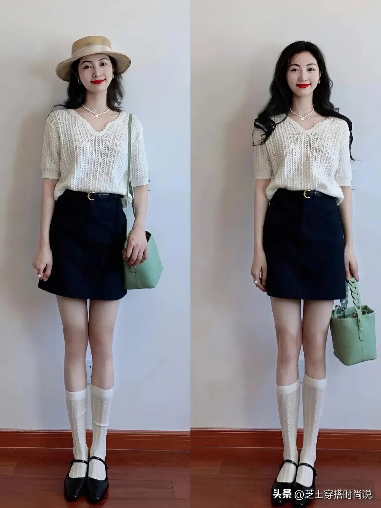 Chiếc áo len màu be kết hợp với chân váy đen, mang đến sự kết hợp màu đen và trắng cổ điển, đơn giản nhưng sang trọng.