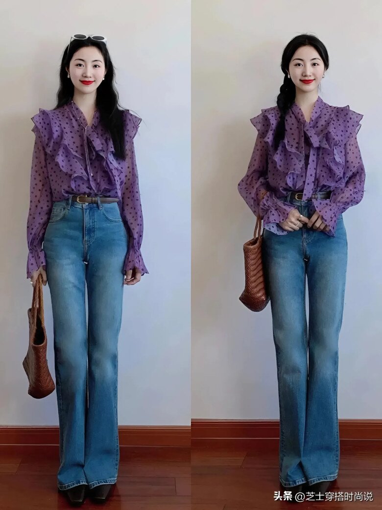 Chiếc áo sơ mi voan màu tím được kết hợp với quần jean xanh. Màu tím sáng không chỉ làm nổi bật tông màu da mà còn khiến bạn trông tràn đầy năng lượng hơn. 