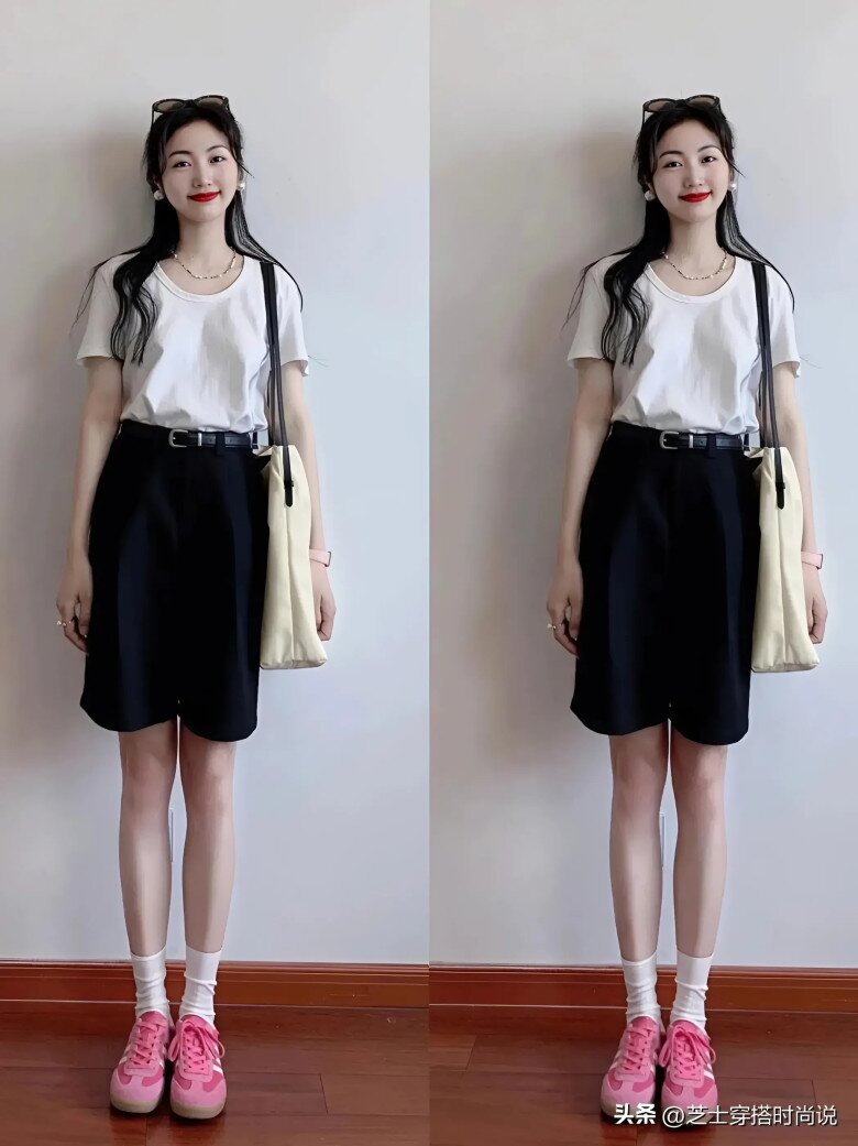 Chọn áo phông trắng với quần short đen và giày thường ngày màu hồng. Sự kết hợp này có thể làm nổi bật các điểm nhấn và làm phong phú thêm lớp tổng thể.