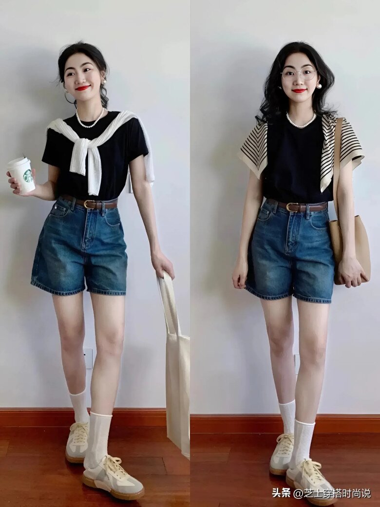 Sự kết hợp giữa áo phông đen và quần short xanh sẽ thời trang hơn nếu kết hợp với khăn quàng cổ và khăn choàng.