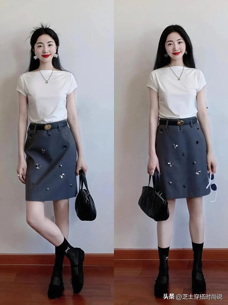 Chọn áo phông trắng cùng chân váy xám, và tô điểm thêm bằng phụ kiện đính cườm để thêm nét sống động và tránh cho tổng thể trông quá đơn điệu.