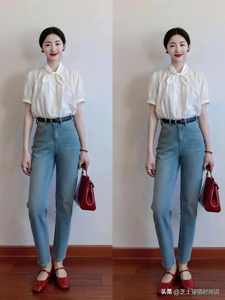 Áo sơ mi nơ thêu màu trắng kết hợp với quần jeans, rất phù hợp cho những chuyến du lịch hàng ngày hoặc đi làm.