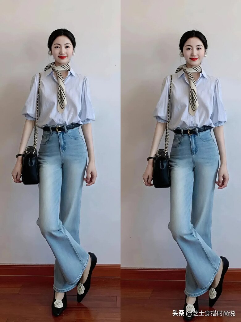 Chọn áo sơ mi ngắn tay màu xanh lam và quần jeans ống loe màu xanh. Sự kết hợp màu sáng này trông tươi mới và nhã nhặn.